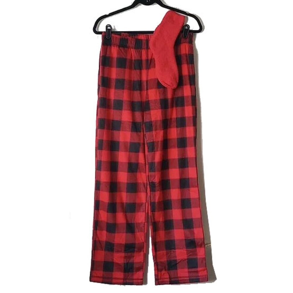 NWOT 2-PC Sleep Chic Plaid Pajama Pants Socks Red Black Buffalo JC Penney